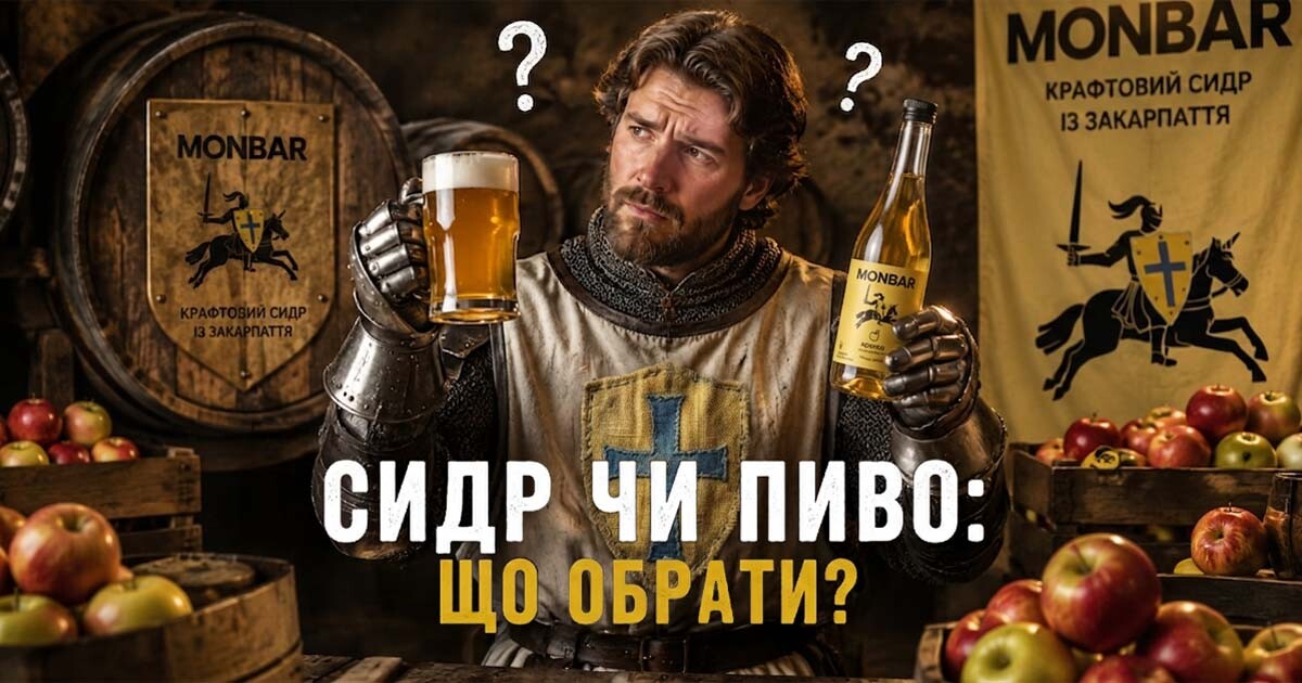 Чоловік обирає між двома напоями — пиво чи сидр.