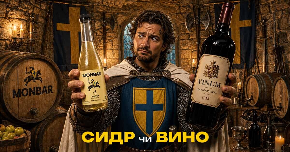 Сидр чи вино: чоловік порівнює пляшку яблучного сидру Monbar та червоного вина