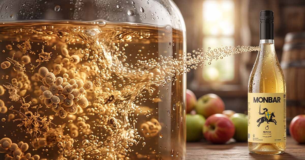 Процес бродіння яблучного соку з дріжджами та утворенням бульбашок